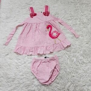 Counting Daisies Girl's Vintage Pink Seersucker Flamingo Tie Back Dress Sz 12 Mo